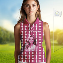 Load image into Gallery viewer, Sleeveless Womens Golf Polo Shirt Custom Photo Face Pink Argyle Plaid Pattern, Mother's Day Golfing Gifts NHT744