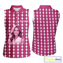 Load image into Gallery viewer, Sleeveless Womens Golf Polo Shirt Custom Photo Face Pink Argyle Plaid Pattern, Mother's Day Golfing Gifts NHT744