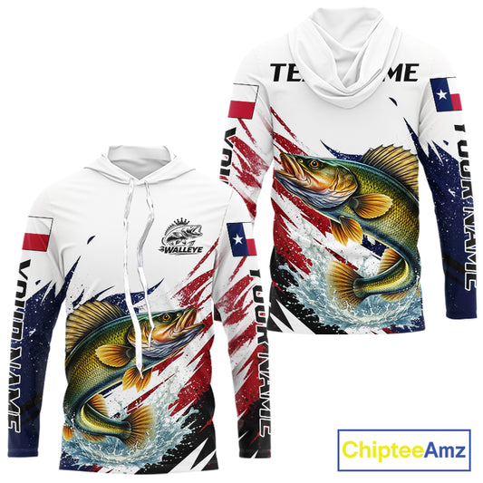 Custom Texas Flag Walleye Fishing Shirts, Texas Walleye Fishing Shirts Long Sleeve Hooded For Team NHT911