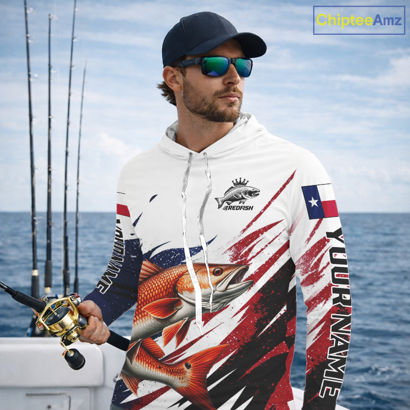 Custom Texas Flag Redfish Fishing Shirts, Texas Red Drum Fishing Shirts Long Sleeve Hooded For Team NHT913