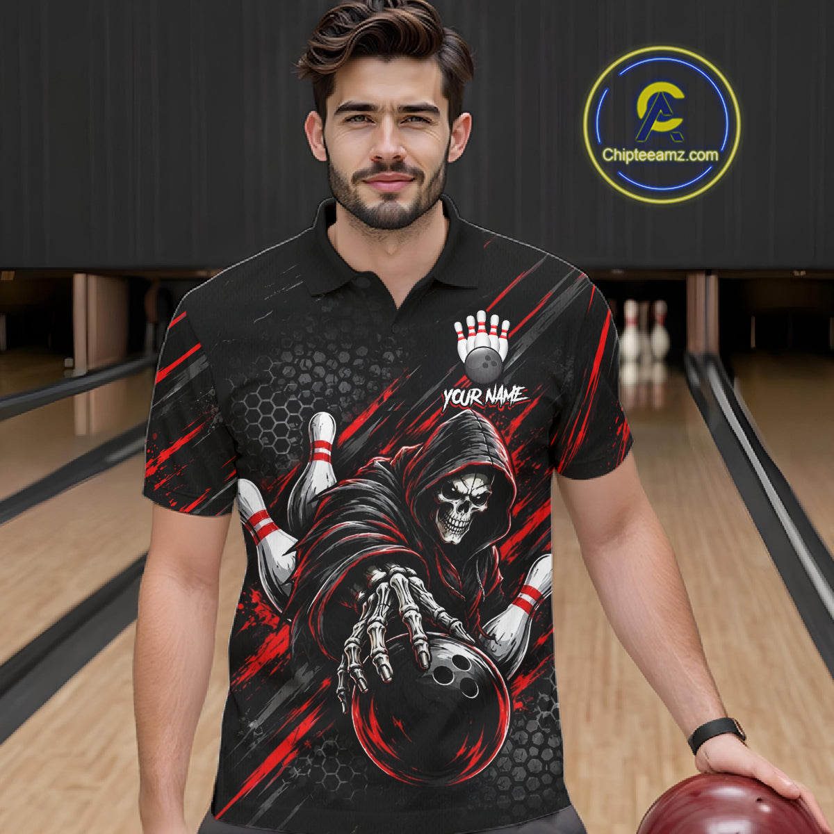 Custom Grim Reaper Bowling Shirt For Men, Personalized Red Paint Splatter Bowling Ball Polo NHT1531