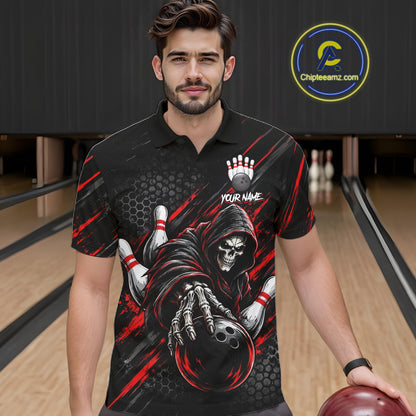 Custom Grim Reaper Bowling Shirt For Men, Personalized Red Paint Splatter Bowling Ball Polo NHT1531