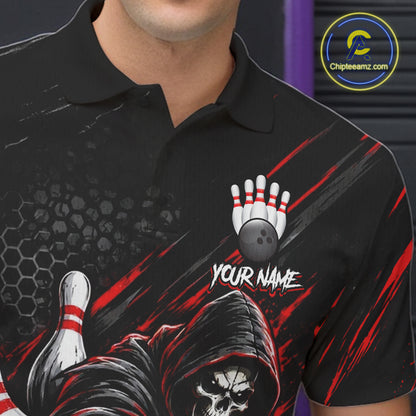 Custom Grim Reaper Bowling Shirt For Men, Personalized Red Paint Splatter Bowling Ball Polo NHT1531