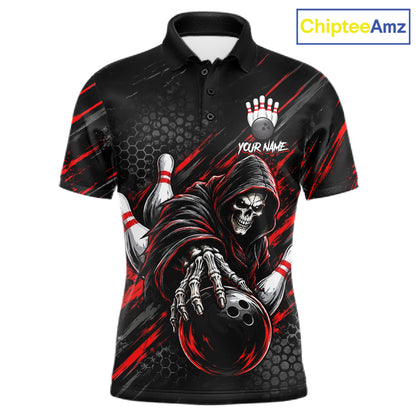 Custom Grim Reaper Bowling Shirt For Men, Personalized Red Paint Splatter Bowling Ball Polo NHT1531