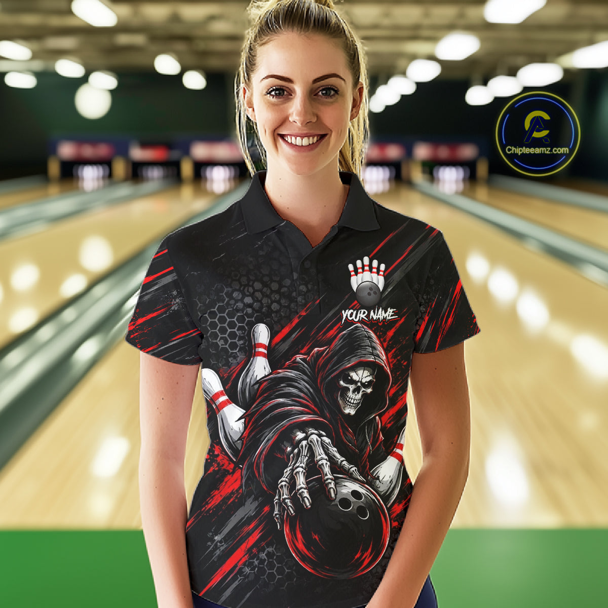 Custom Grim Reaper Bowling Shirt For Women, Personalized Red Paint Splatter Bowling Ball Polo NHT1531