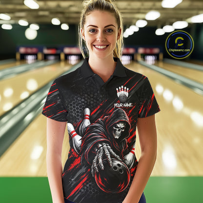 Custom Grim Reaper Bowling Shirt For Women, Personalized Red Paint Splatter Bowling Ball Polo NHT1531