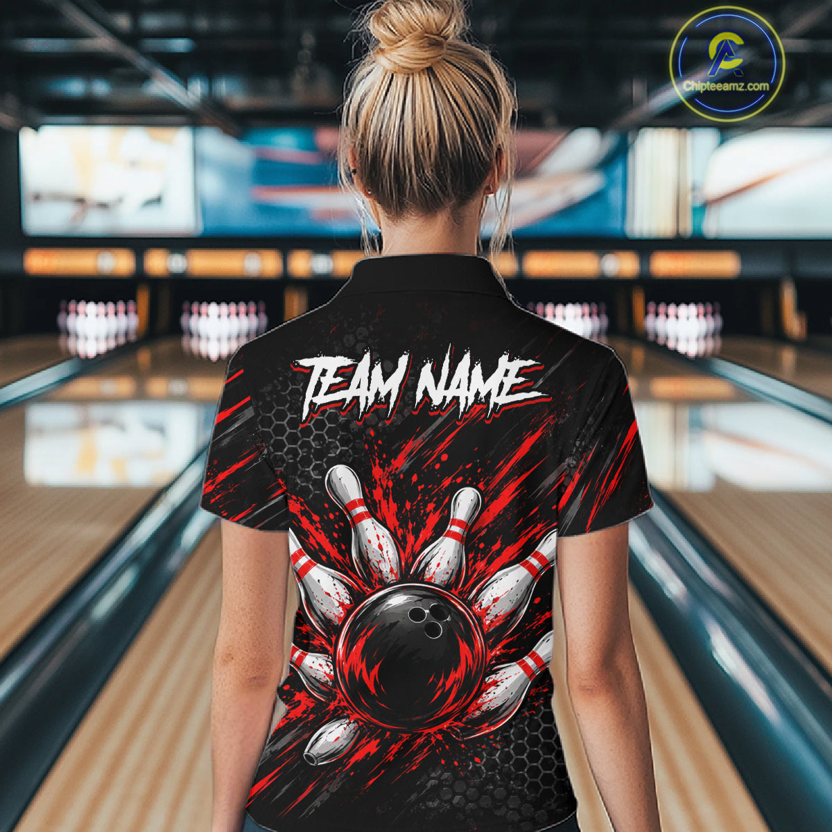 Custom Grim Reaper Bowling Shirt For Women, Personalized Red Paint Splatter Bowling Ball Polo NHT1531