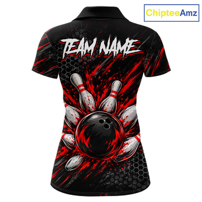 Custom Grim Reaper Bowling Shirt For Women, Personalized Red Paint Splatter Bowling Ball Polo NHT1531