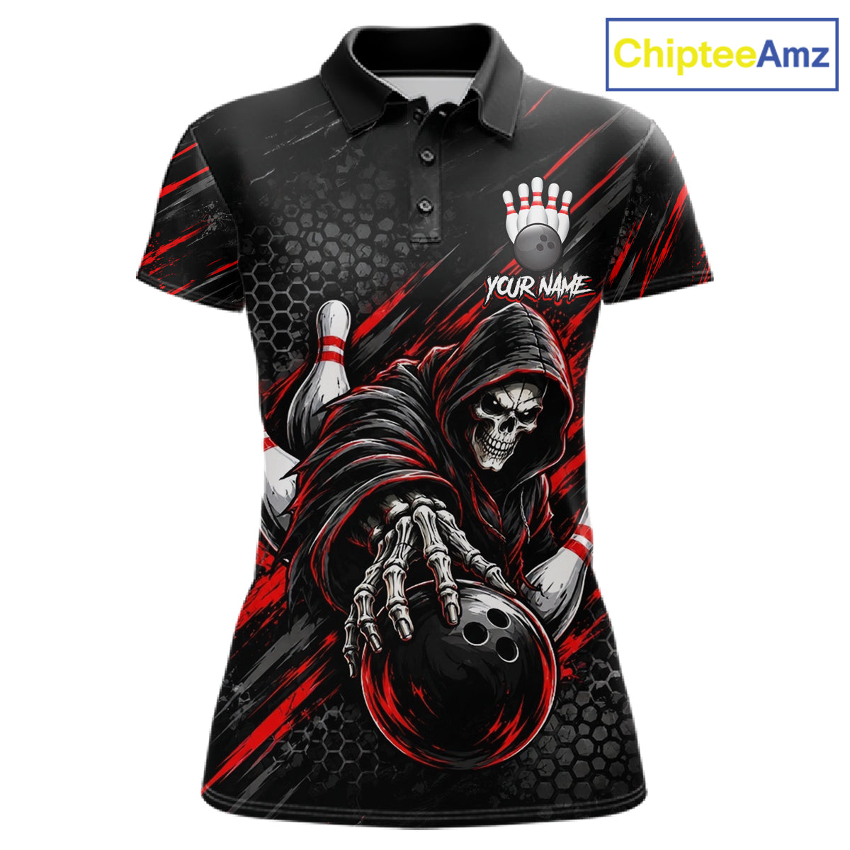 Custom Grim Reaper Bowling Shirt For Women, Personalized Red Paint Splatter Bowling Ball Polo NHT1531