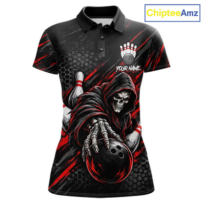 Custom Grim Reaper Bowling Shirt For Women, Personalized Red Paint Splatter Bowling Ball Polo NHT1531