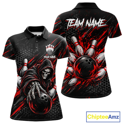 Custom Grim Reaper Bowling Shirt For Women, Personalized Red Paint Splatter Bowling Ball Polo NHT1531