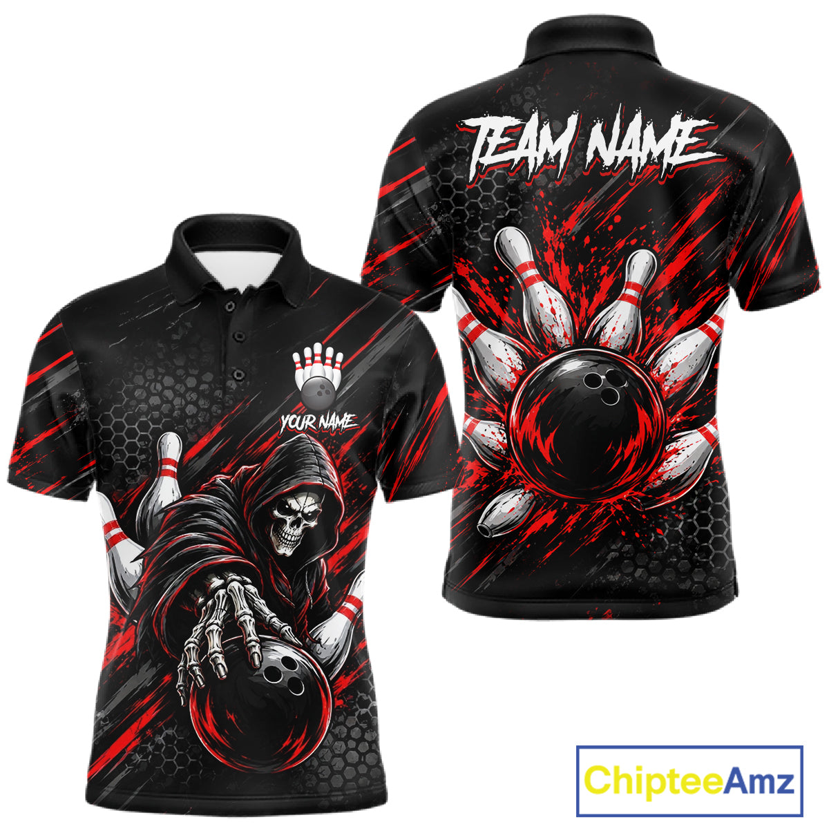 Custom Grim Reaper Bowling Shirt For Men, Personalized Red Paint Splatter Bowling Ball Polo NHT1531