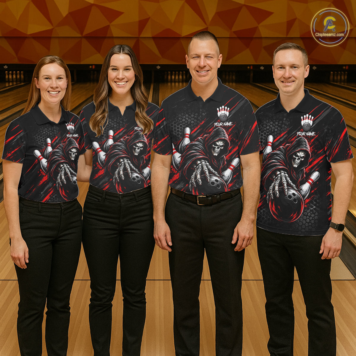 Custom Grim Reaper Bowling Shirt For Men, Personalized Red Paint Splatter Bowling Ball Polo NHT1531
