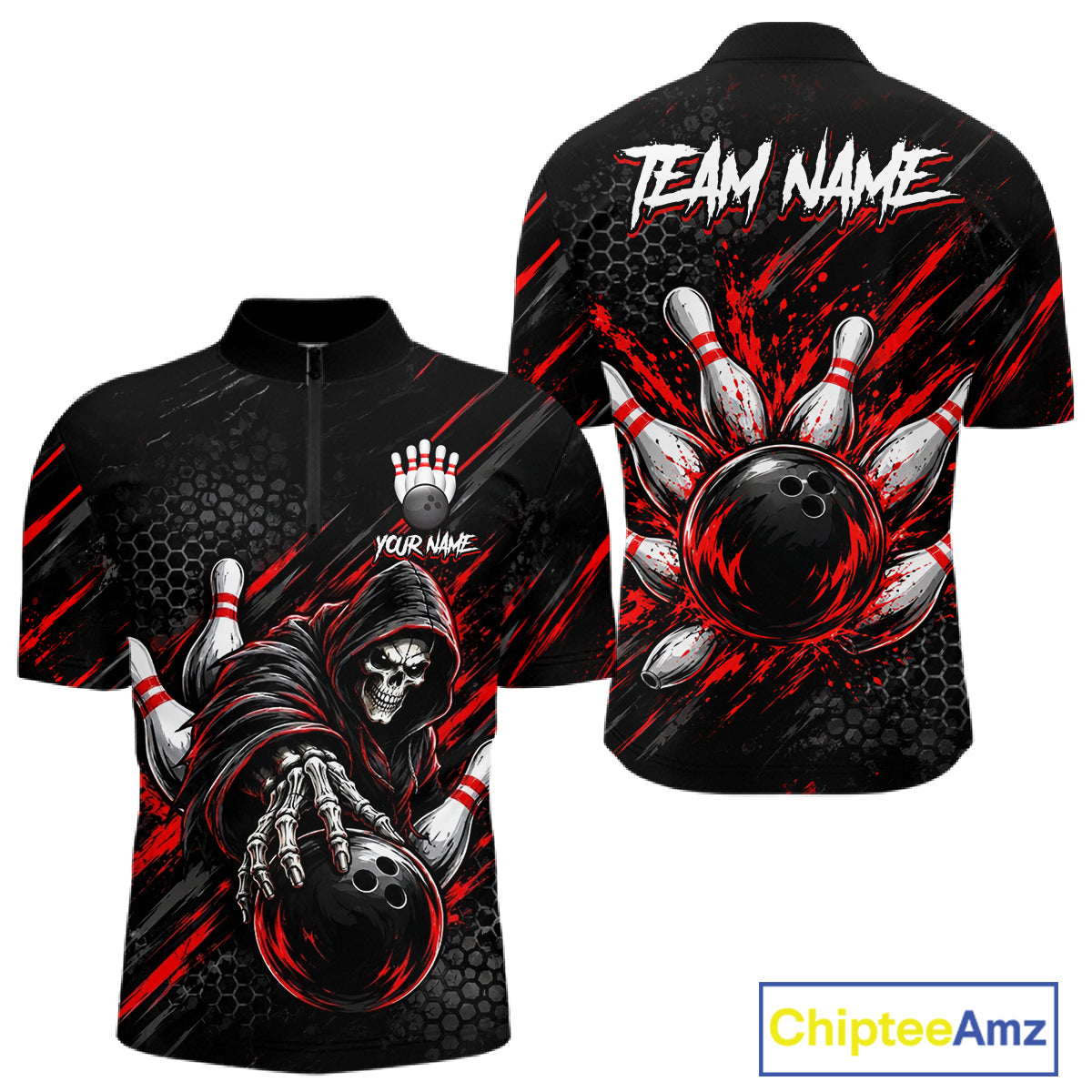 Custom Grim Reaper Bowling Shirt For Men, Personalized Red Paint Splatter Bowling Ball Polo NHT1531