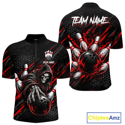 Custom Grim Reaper Bowling Shirt For Men, Personalized Red Paint Splatter Bowling Ball Polo NHT1531