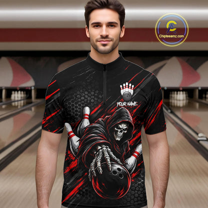 Custom Grim Reaper Bowling Shirt For Men, Personalized Red Paint Splatter Bowling Ball Polo NHT1531