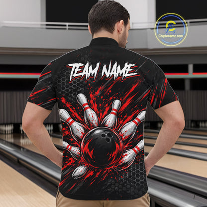 Custom Grim Reaper Bowling Shirt For Men, Personalized Red Paint Splatter Bowling Ball Polo NHT1531