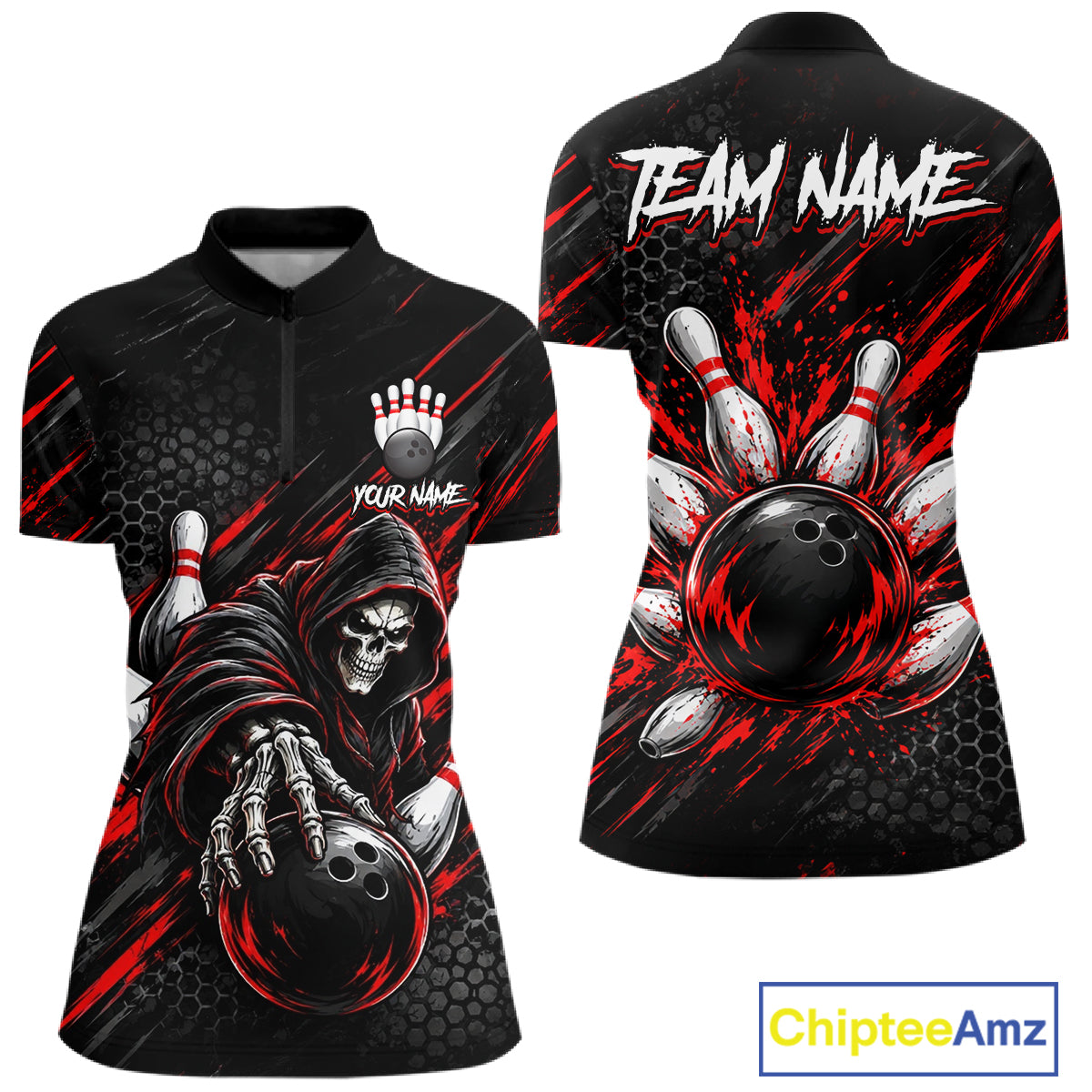 Custom Grim Reaper Bowling Shirt For Women, Personalized Red Paint Splatter Bowling Ball Polo NHT1531