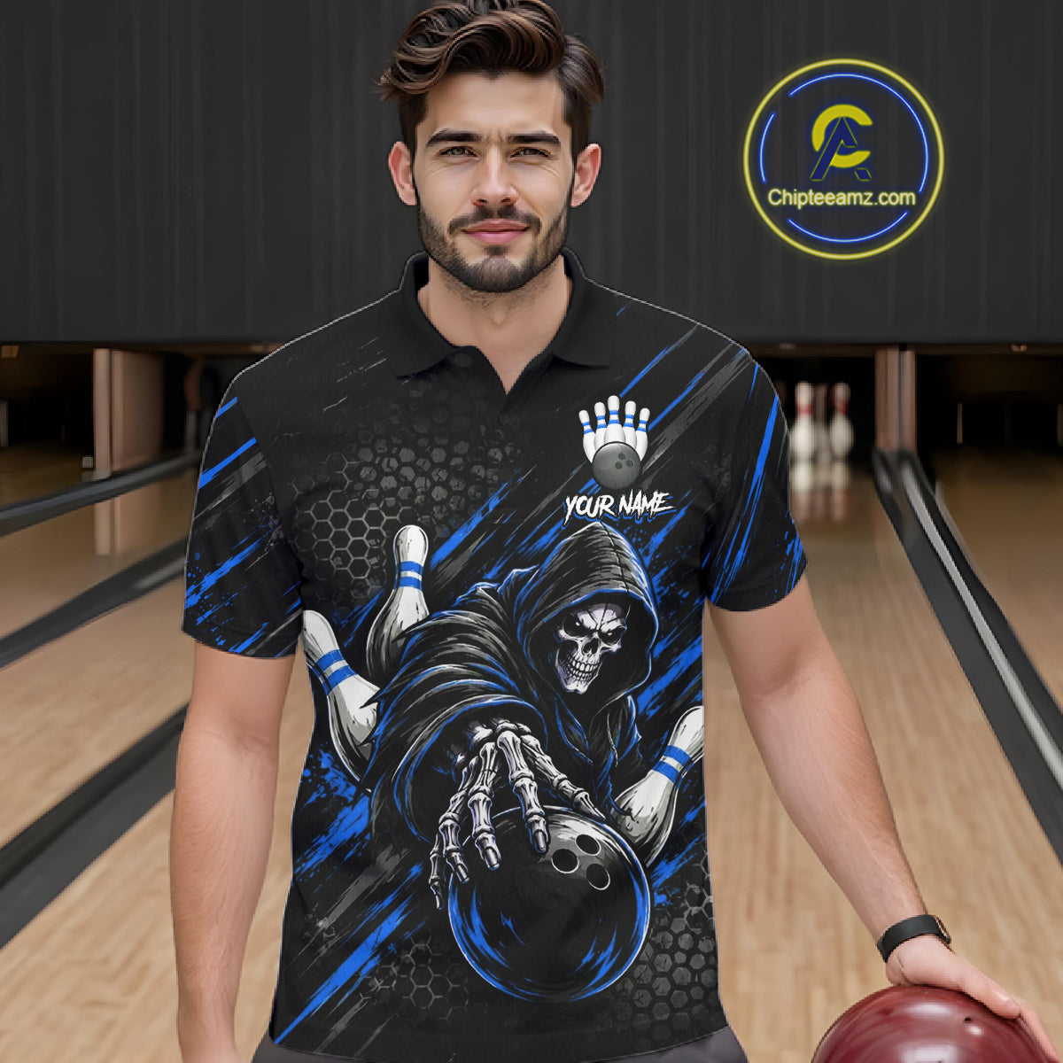 Custom Grim Reaper Bowling Shirt For Men, Personalized Blue Paint Splatter Bowling Ball  NHT1532