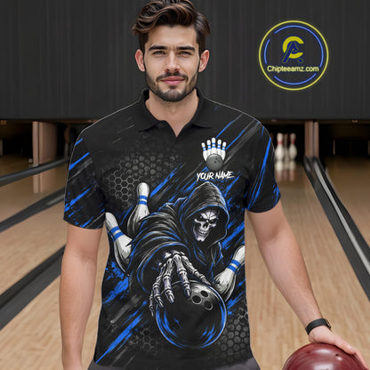Custom Grim Reaper Bowling Shirt For Men, Personalized Blue Paint Splatter Bowling Ball  NHT1532