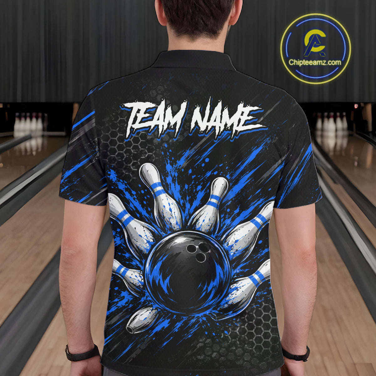 Custom Grim Reaper Bowling Shirt For Men, Personalized Blue Paint Splatter Bowling Ball  NHT1532