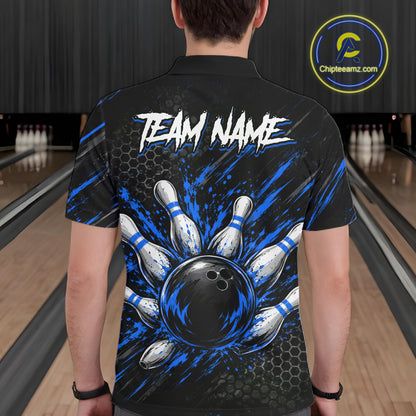 Custom Grim Reaper Bowling Shirt For Men, Personalized Blue Paint Splatter Bowling Ball  NHT1532