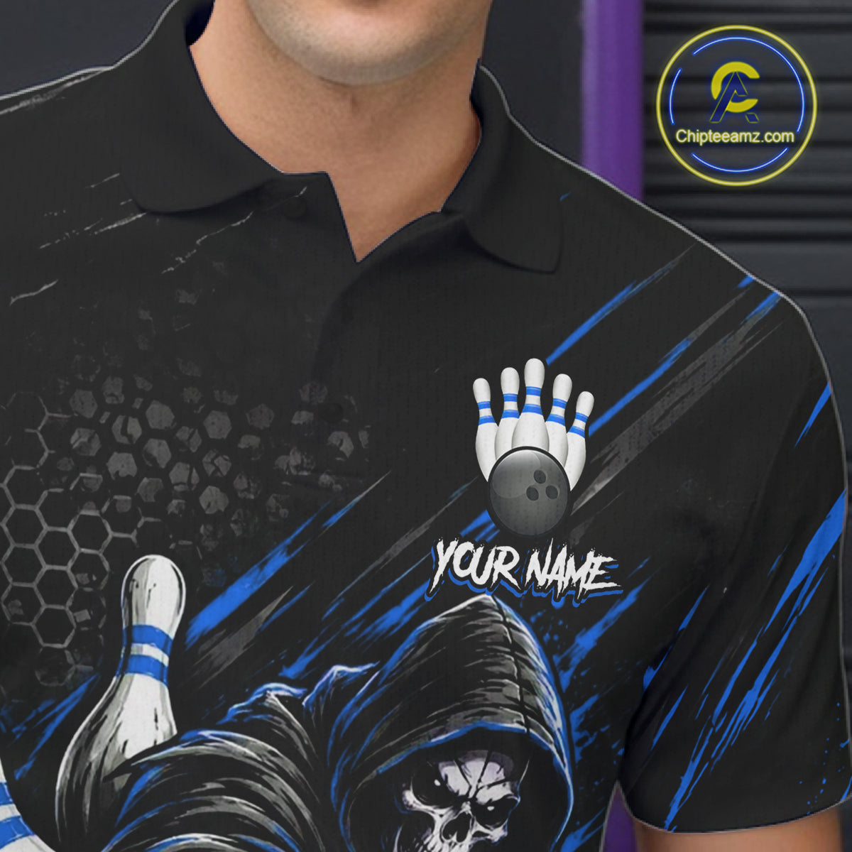 Custom Grim Reaper Bowling Shirt For Men, Personalized Blue Paint Splatter Bowling Ball  NHT1532