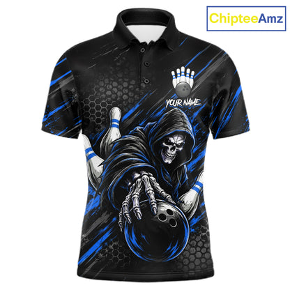 Custom Grim Reaper Bowling Shirt For Men, Personalized Blue Paint Splatter Bowling Ball  NHT1532