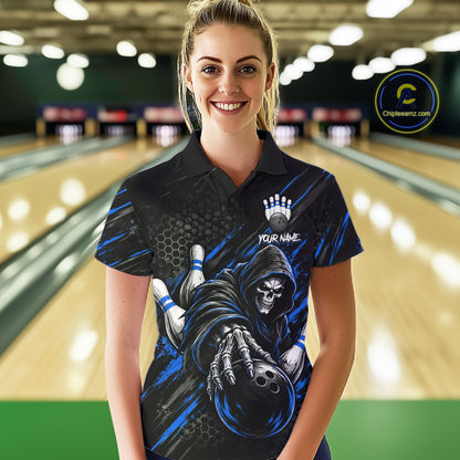 Custom Grim Reaper Bowling Shirt For Women, Personalized Blue Paint Splatter Bowling Ball  NHT1532
