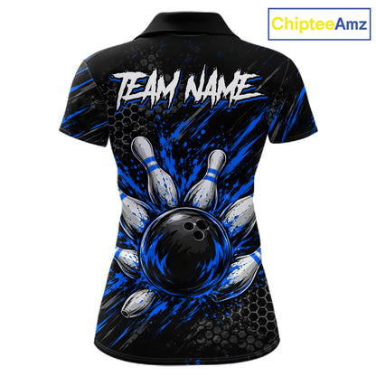 Custom Grim Reaper Bowling Shirt For Women, Personalized Blue Paint Splatter Bowling Ball  NHT1532