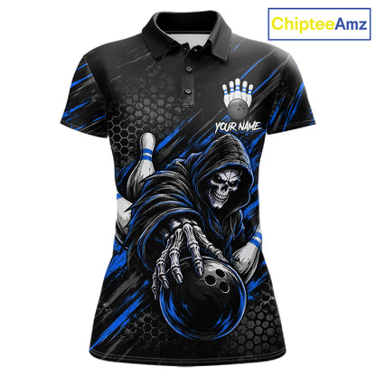Custom Grim Reaper Bowling Shirt For Women, Personalized Blue Paint Splatter Bowling Ball  NHT1532