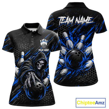 Custom Grim Reaper Bowling Shirt For Women, Personalized Blue Paint Splatter Bowling Ball  NHT1532