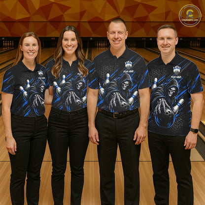 Custom Grim Reaper Bowling Shirt For Women, Personalized Blue Paint Splatter Bowling Ball  NHT1532