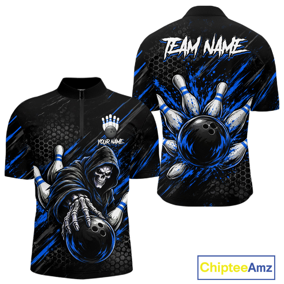 Custom Grim Reaper Bowling Shirt For Men, Personalized Blue Paint Splatter Bowling Ball  NHT1532