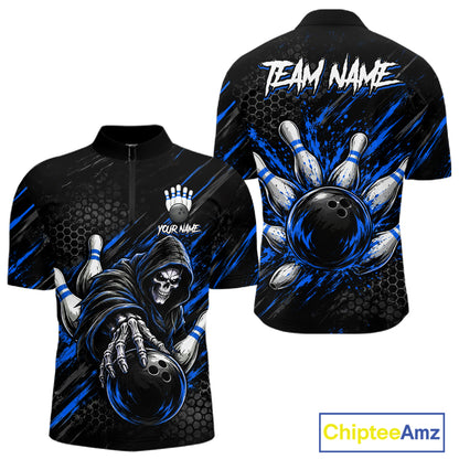 Custom Grim Reaper Bowling Shirt For Men, Personalized Blue Paint Splatter Bowling Ball  NHT1532