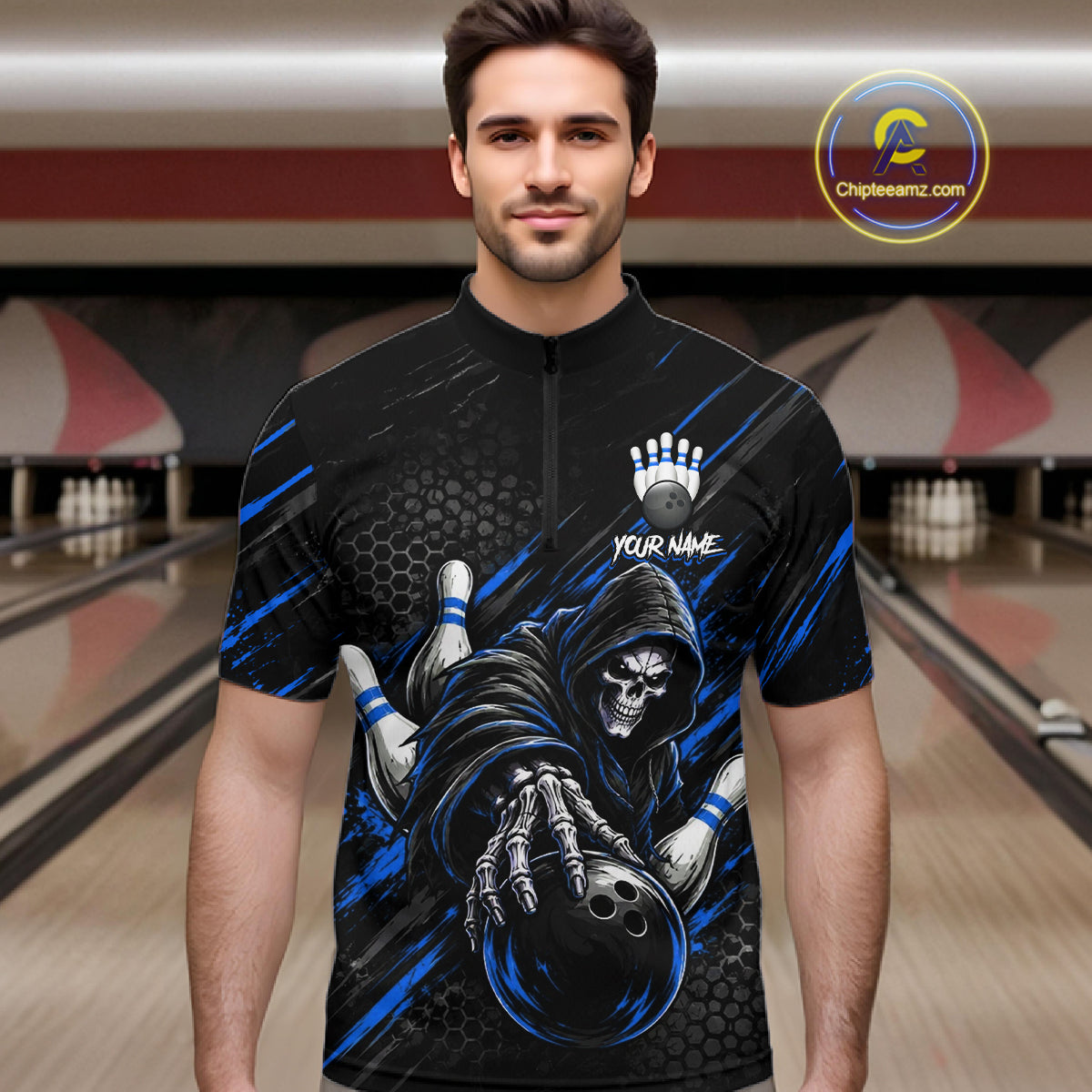 Custom Grim Reaper Bowling Shirt For Men, Personalized Blue Paint Splatter Bowling Ball  NHT1532