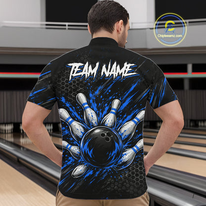 Custom Grim Reaper Bowling Shirt For Men, Personalized Blue Paint Splatter Bowling Ball  NHT1532