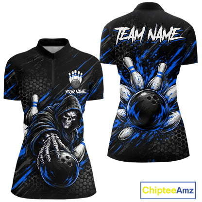 Custom Grim Reaper Bowling Shirt For Women, Personalized Blue Paint Splatter Bowling Ball  NHT1532