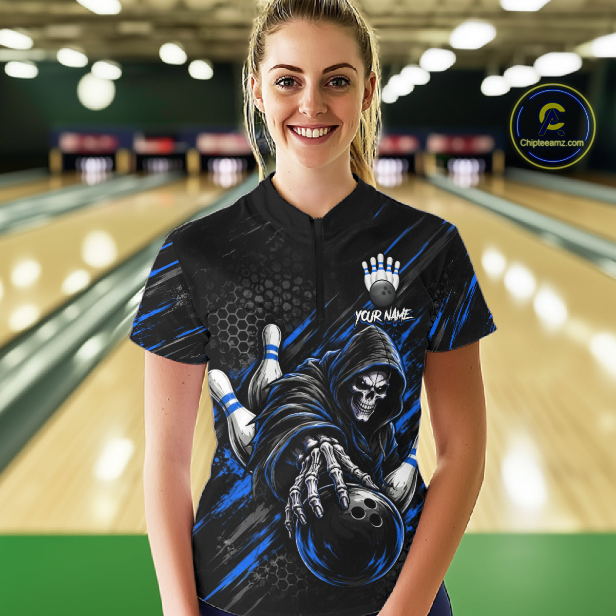 Custom Grim Reaper Bowling Shirt For Women, Personalized Blue Paint Splatter Bowling Ball  NHT1532