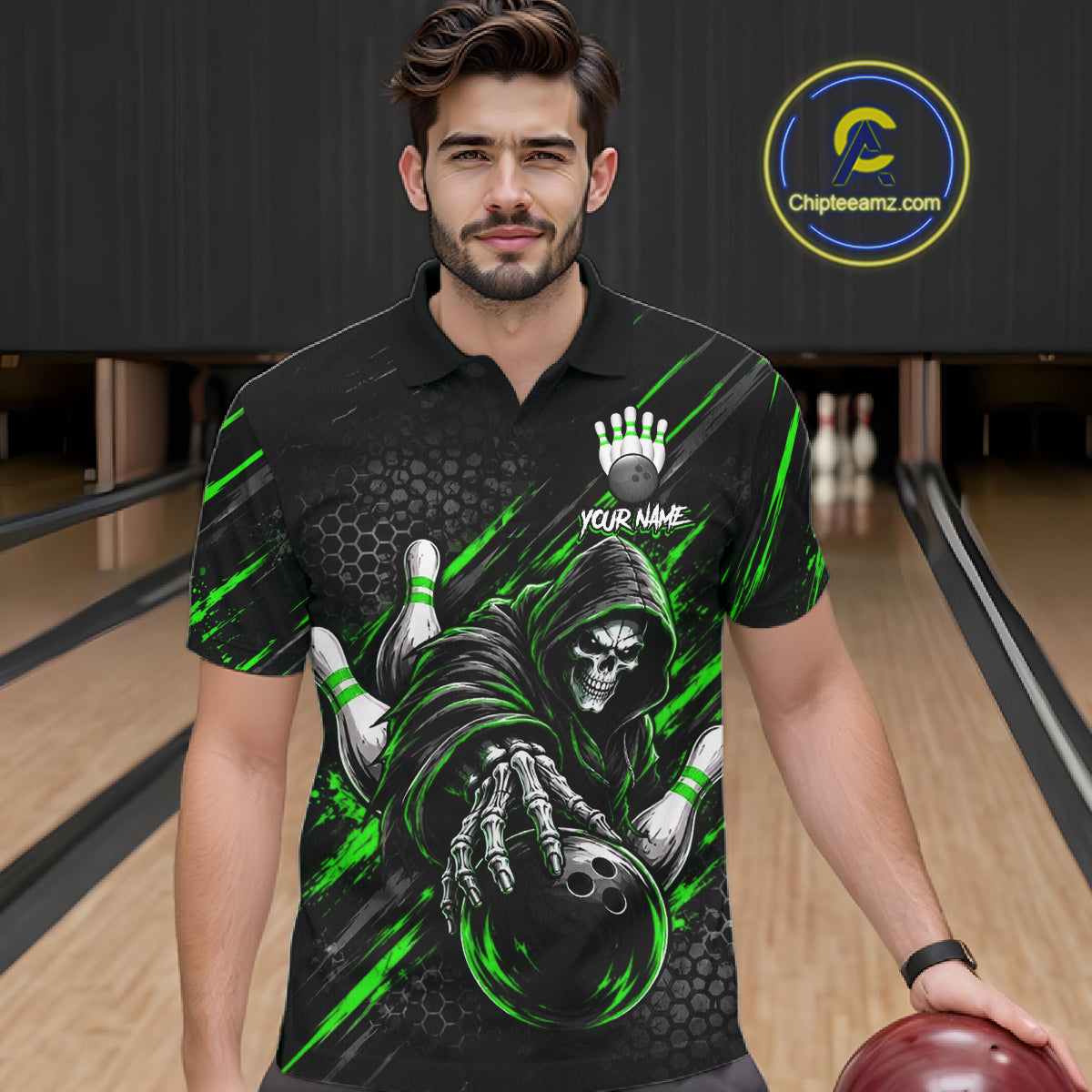 Custom Grim Reaper Bowling Shirt For Men, Personalized Green Paint Splatter Bowling Ball  NHT1533