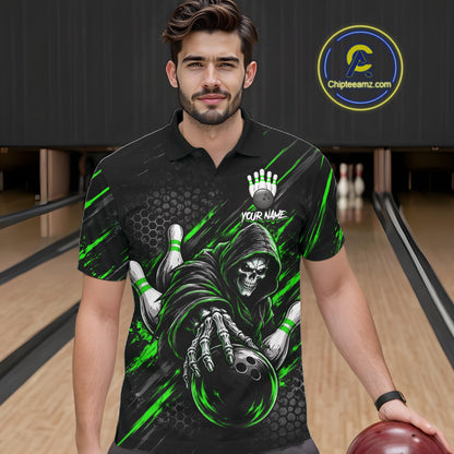 Custom Grim Reaper Bowling Shirt For Men, Personalized Green Paint Splatter Bowling Ball  NHT1533