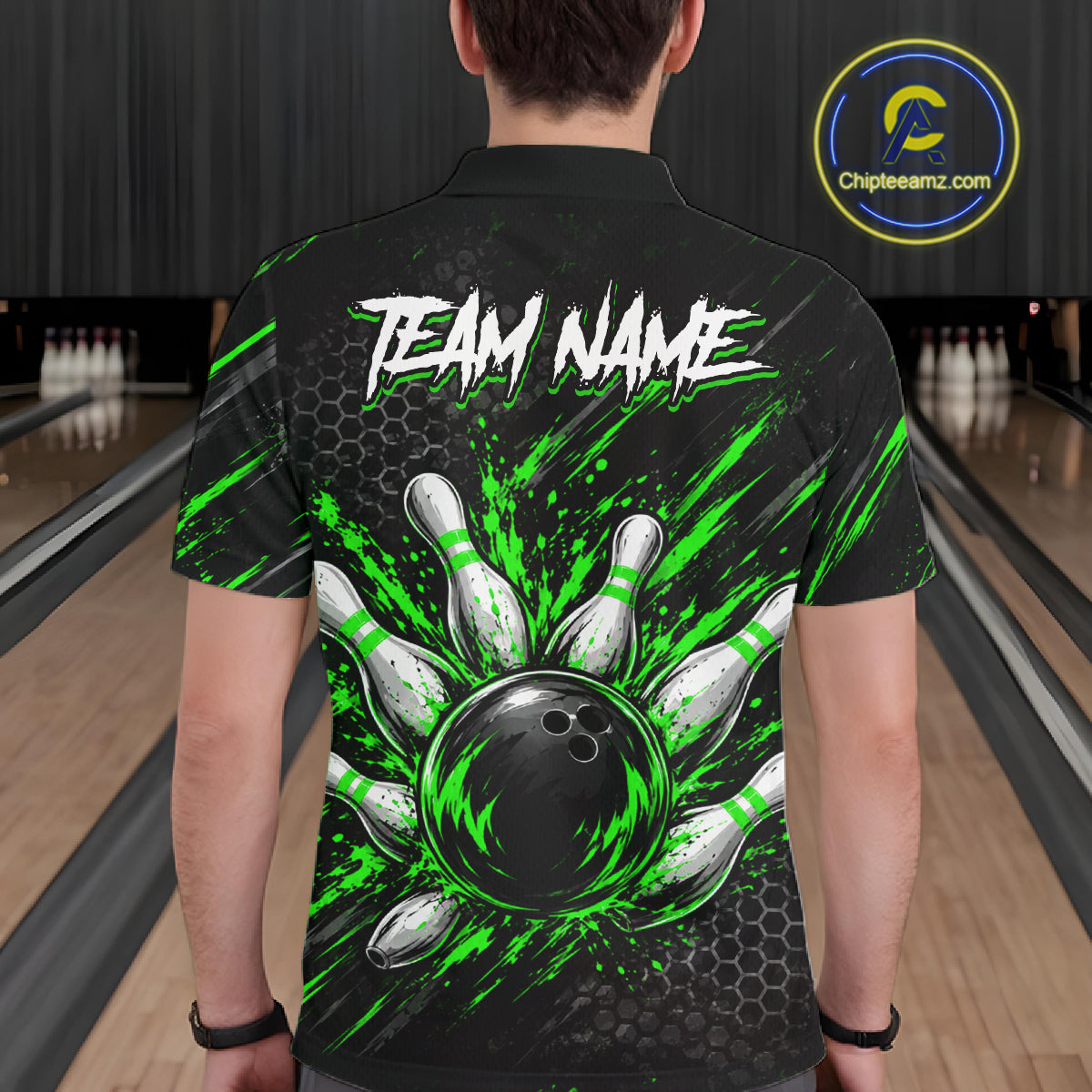 Custom Grim Reaper Bowling Shirt For Men, Personalized Green Paint Splatter Bowling Ball  NHT1533