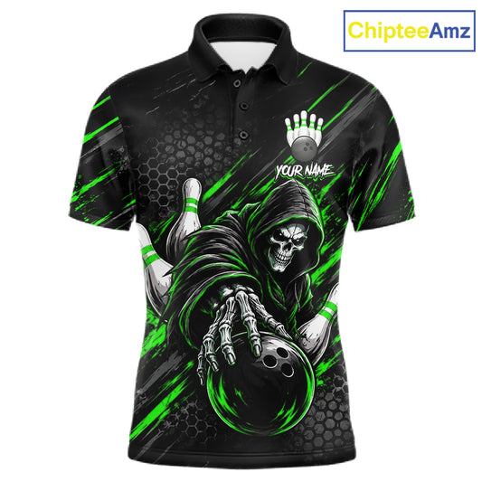 Custom Grim Reaper Bowling Shirt For Men, Personalized Green Paint Splatter Bowling Ball  NHT1533