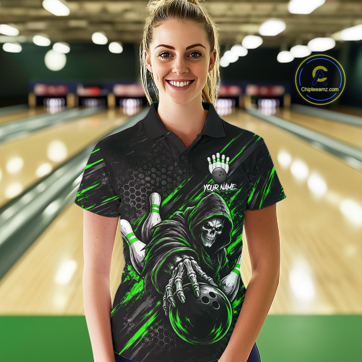 Custom Grim Reaper Bowling Shirt For Women, Personalized Green Paint Splatter Bowling Ball  NHT1533