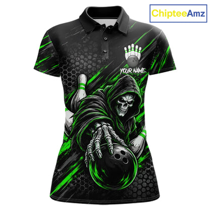 Custom Grim Reaper Bowling Shirt For Women, Personalized Green Paint Splatter Bowling Ball  NHT1533