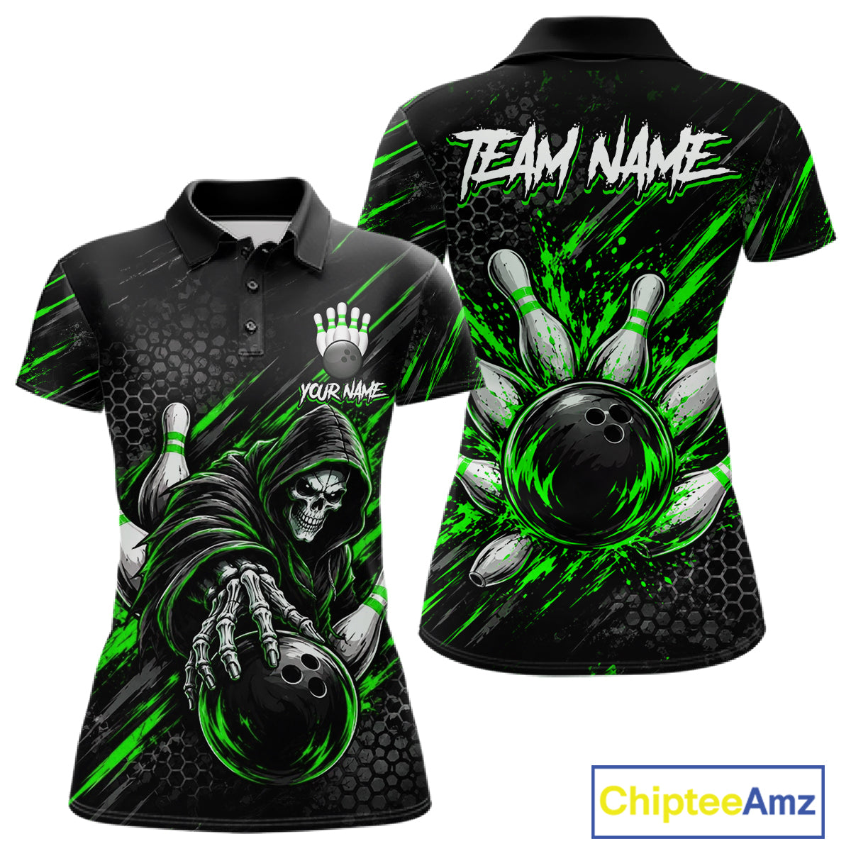 Custom Grim Reaper Bowling Shirt For Women, Personalized Green Paint Splatter Bowling Ball  NHT1533