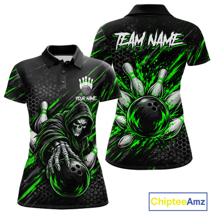 Custom Grim Reaper Bowling Shirt For Women, Personalized Green Paint Splatter Bowling Ball  NHT1533