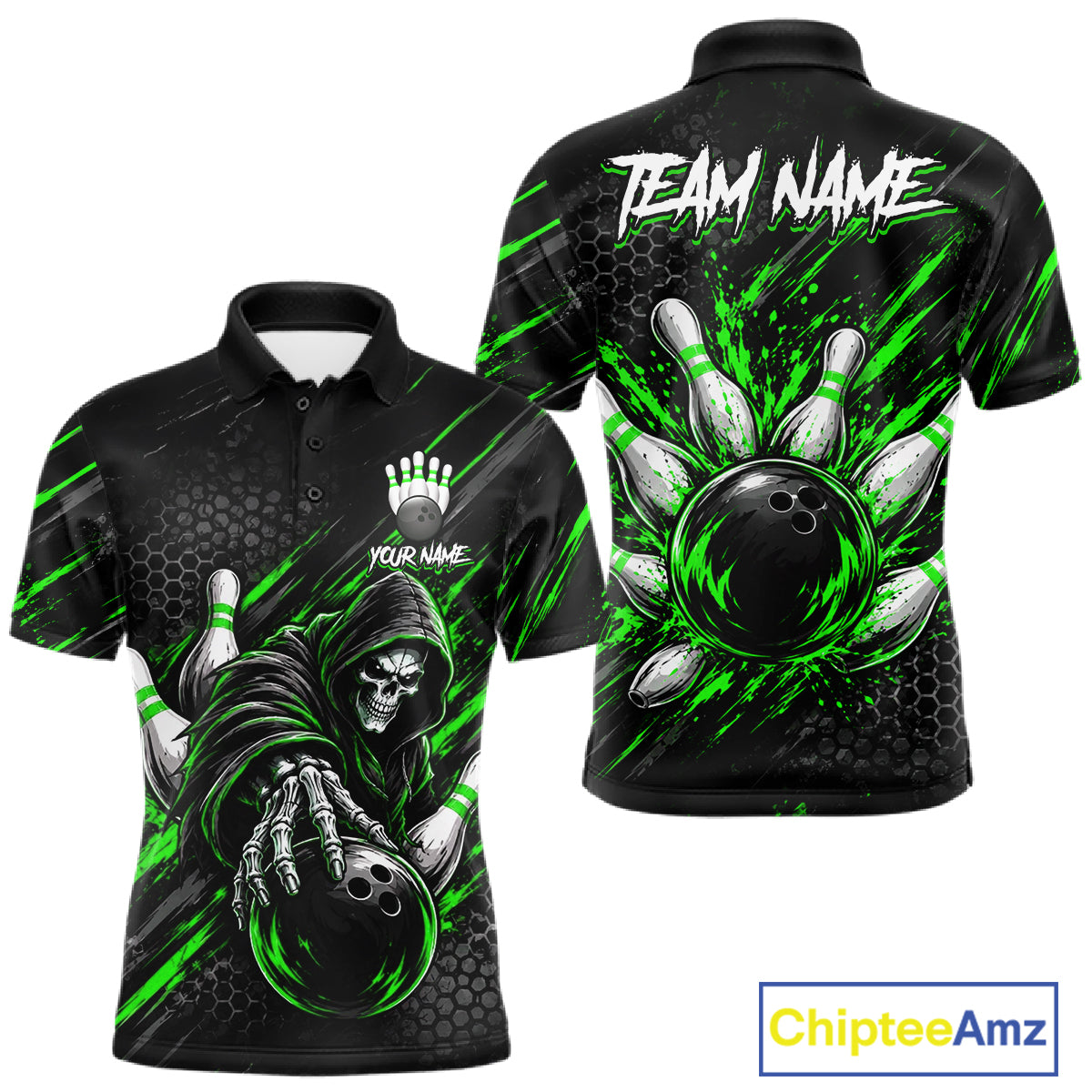Custom Grim Reaper Bowling Shirt For Men, Personalized Green Paint Splatter Bowling Ball  NHT1533