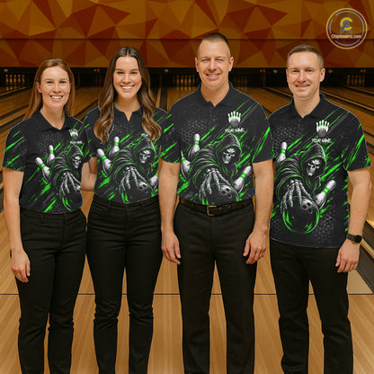 Custom Grim Reaper Bowling Shirt For Men, Personalized Green Paint Splatter Bowling Ball  NHT1533