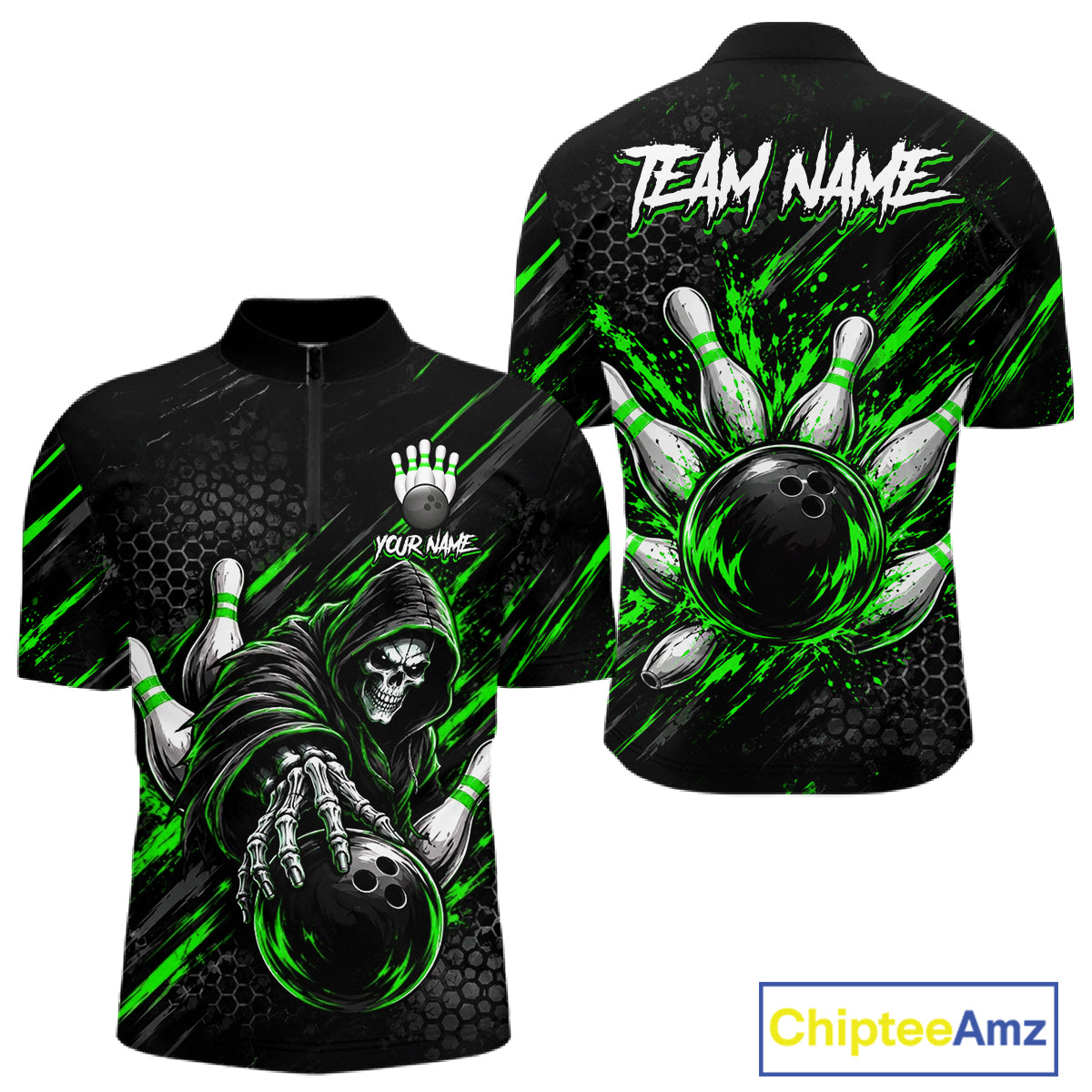 Custom Grim Reaper Bowling Shirt For Men, Personalized Green Paint Splatter Bowling Ball  NHT1533
